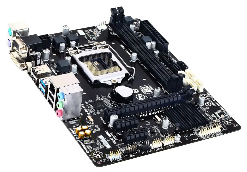 GA-B85M-D2V socket 1150 moederbord, bovenaanzicht met CPU-socket, RAM-slots, voedingsconnectoren en uitbreidingsslots