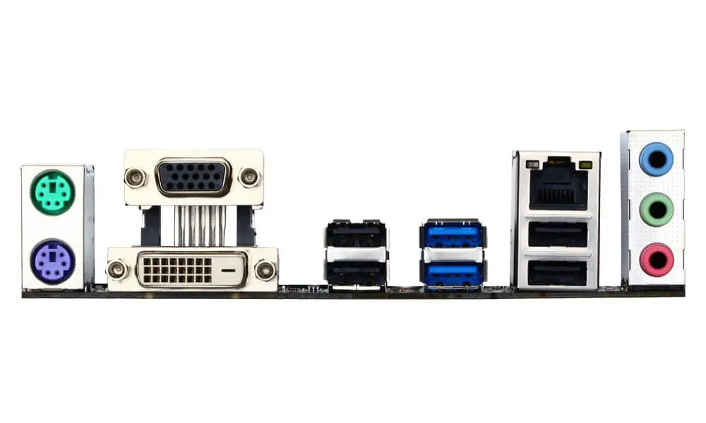 GA-B85M-D2V socket 1150 moederbord achterkant met I/O-aansluitingen inclusief PS/2-poorten, VGA, DVI, USB-poorten en audiojacks