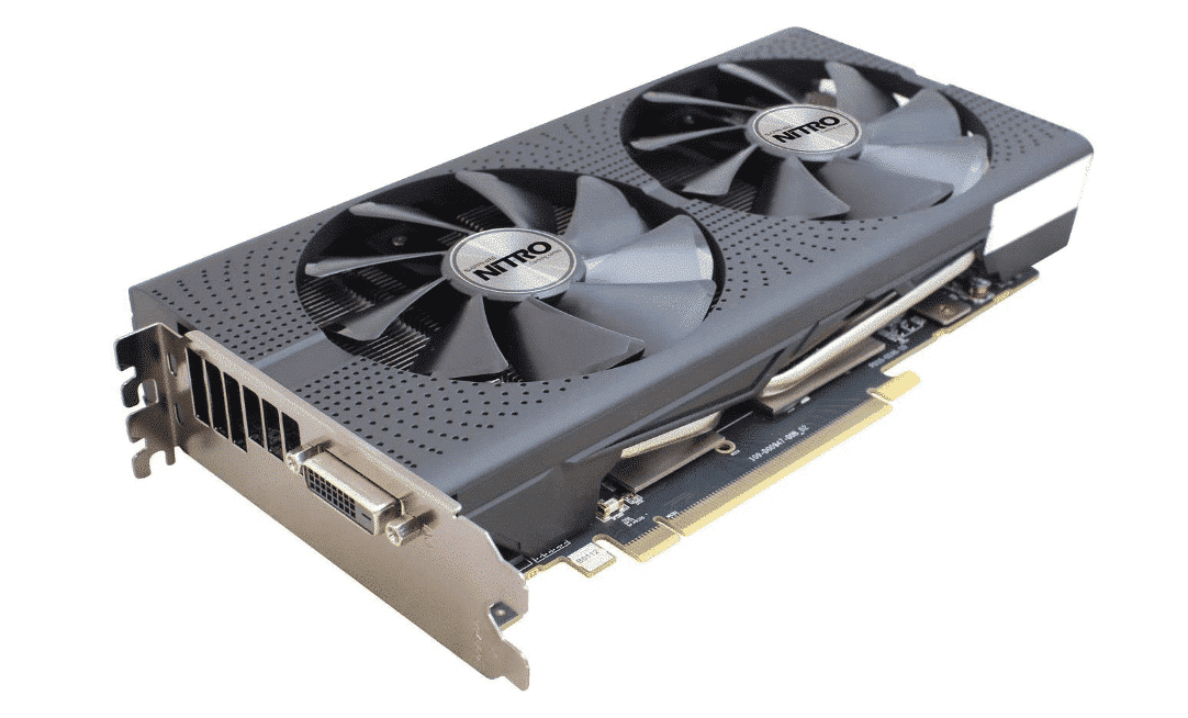 Sapphire NITRO RX470 Mining 8 GB - DVI grafische kaart met twee ventilatoren, vooraanzicht met zichtbare DVI-aansluiting aan de linkerzijde