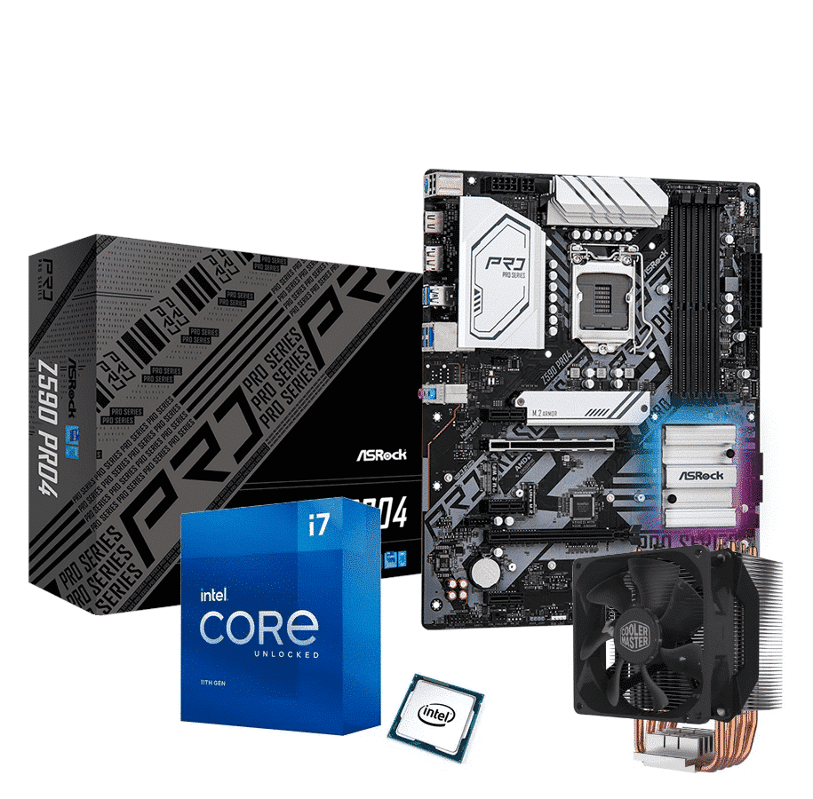 Upgradekit: I7 11700K - Z590 Pro4 - Hyper H412R componenten - productafbeelding met verpakking, moederbord, processor, CPU-koeler en toebehoren