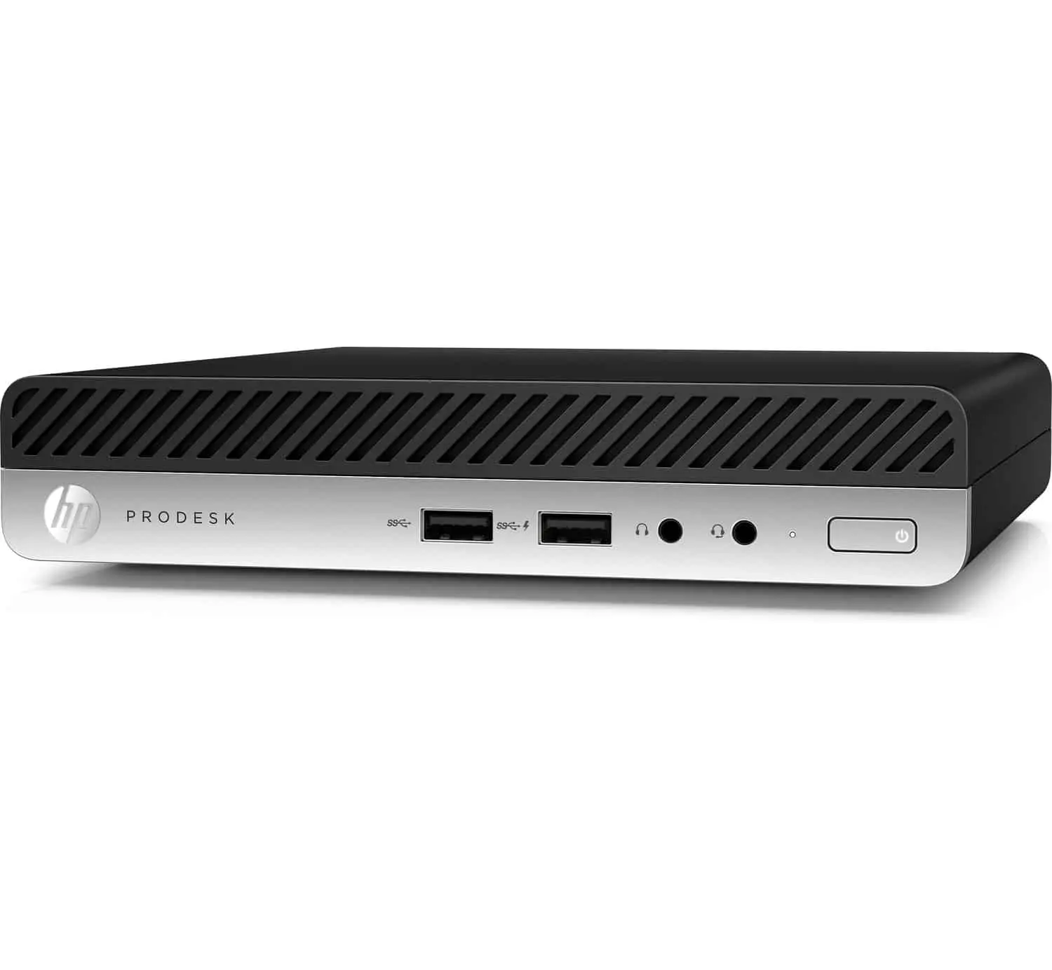 HP Prodesk 400 G3 Mini PC voorkant met USB-poorten, audio-aansluitingen en power-knop