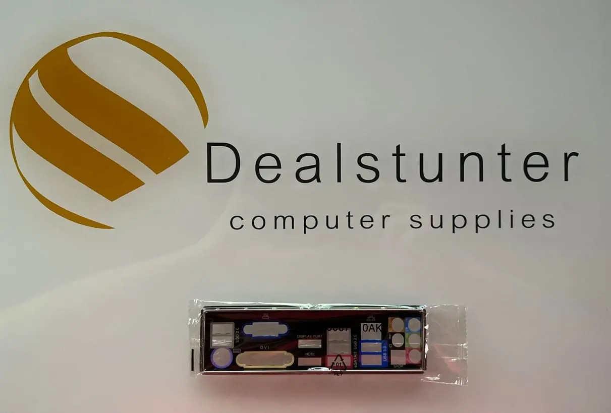 Asrock Z68 Pro3-M I/O-Shield rear panel accessory in protective packaging, displayed with Dealstunter computer supplies branding
