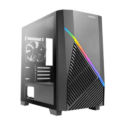 Antec Constellation Serie Draco 10 Mini-tower front view showing dark gray case with tempered glass side panel, RGB lighting strip, and internal component layout