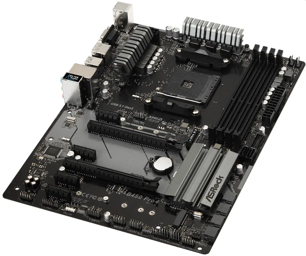 Asrock B450 Pro4 AM4 ATX Motherboard angled top-down view showing CPU socket, heatsinks, RAM slots, PCIe slots, and power connectors