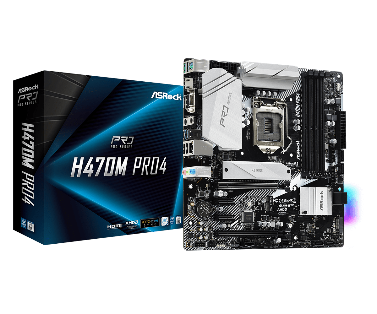 Asrock H470M Pro4 Retail LGA1200 Moederbord - productafbeelding met retailverpakking en bovenaanzicht van het moederbord met CPU-koeler