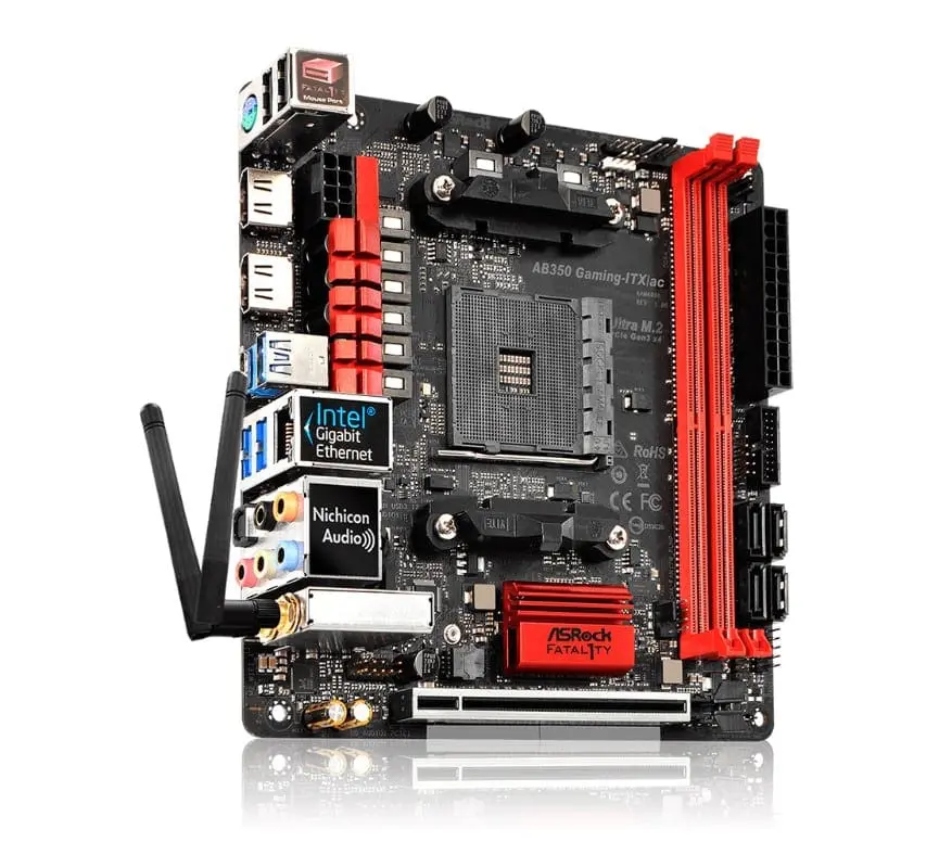 Asrock AB350 GAMING-ITX/AC AM4 Mini ITX Motherboard front view showing black PCB with red heatsinks, CPU socket, memory slot, expansion slots, I/O ports including Intel Gigabit Ethernet and Nichicon Audio, WiFi antenna, and SATA connections
