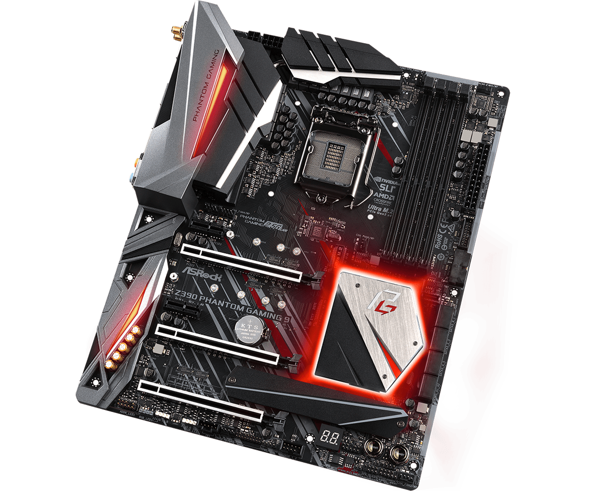 ASRock Z390 Phantom Gaming 9 Socket 1151 moederbord - bovenaanzicht met rode RGB-verlichting, CPU-socket, RAM-slots en I/O-paneel zichtbaar, inclusief bijgeleverde videokaart-uitbreiding