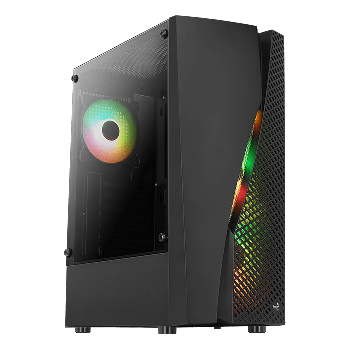 Aerocool Wave G-BK-V3 front view showing black mid-tower case with tempered glass side panel, RGB circular fan with gradient lighting, and mesh ventilation panel with colorful RGB lighting strips