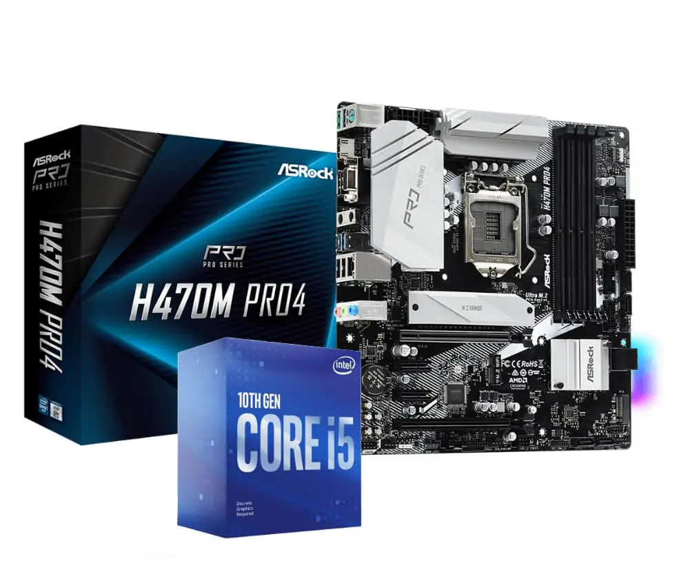 Upgradekit: I5 10400F - ASRock H470M Pro4, productfoto met verpakkingen en moederbord