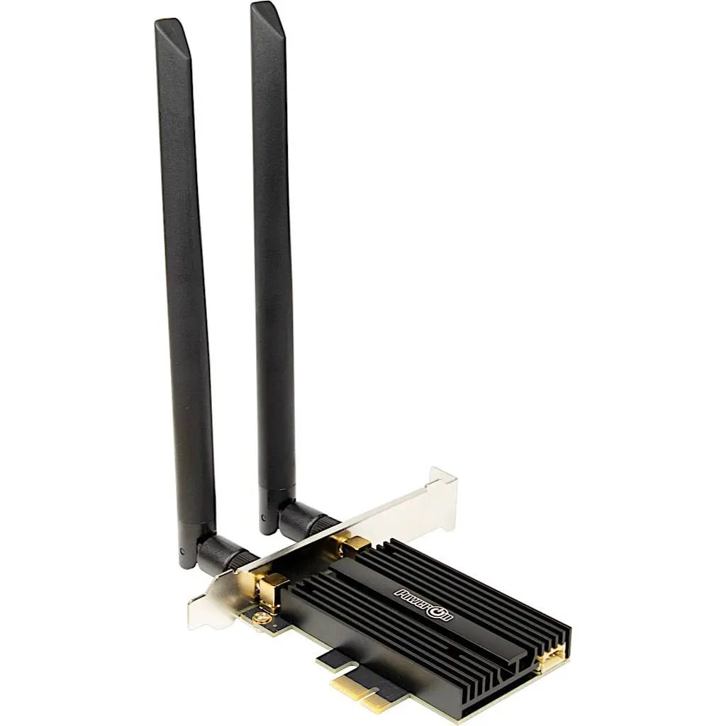 Intertech DMG-34 Wi-Fi 6 + BT 5.2 PCIe adapter met twee externe antennes, vooraanzicht met zichtbare goudkleurige connectoren en heatsink