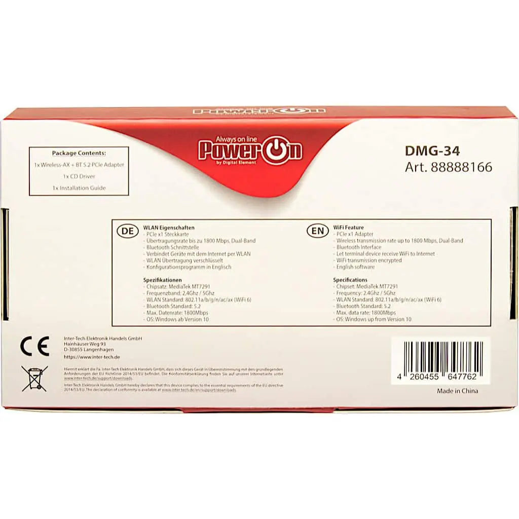 Intertech DMG-34 (Wi-Fi 6 + BT 5.2 PCIe adapter - 1800Mbps) - Achterkant verpakking met Duitse en Engelse specificaties, pakketinhoud, certificeringen en barcode