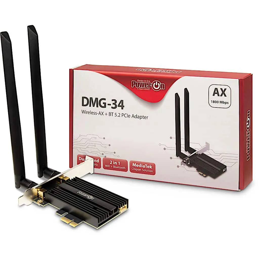Intertech DMG-34 Wi-Fi 6 + BT 5.2 PCIe adapter - productafbeelding met verpakking en adapter met twee antennes