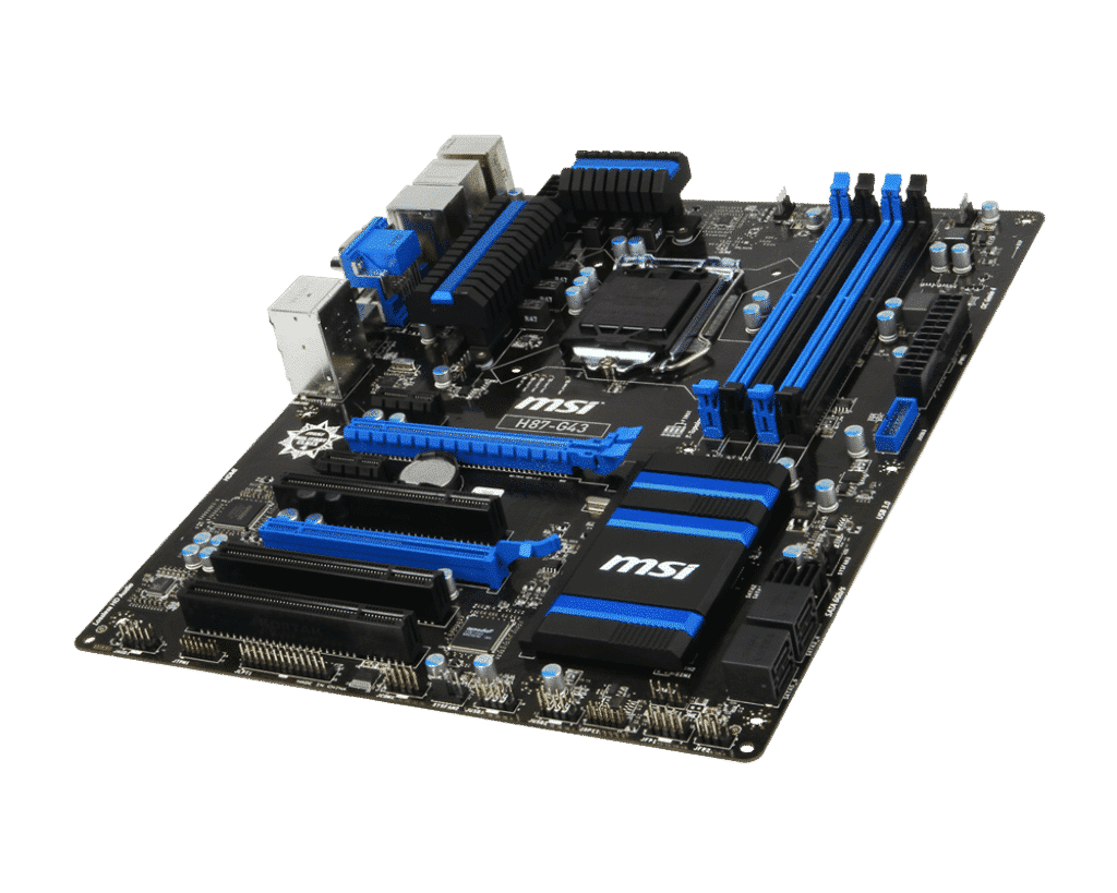 MSI H87-G43 socket 1150 ATX moederbord bovenaanzicht met blauwe RAM-slots, VRM-voeding en chipset-koeler