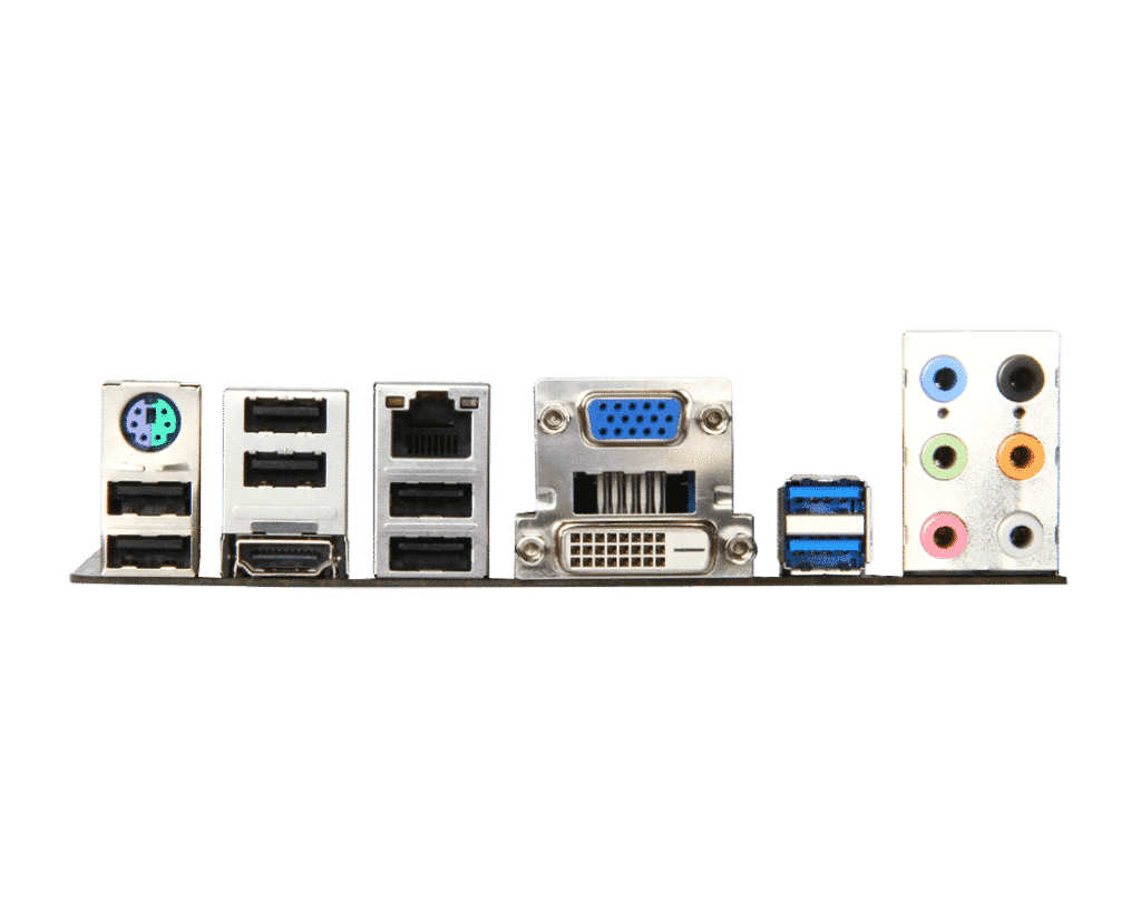 MSI H87-G43 socket 1150 ATX moederbord - achterkant met I/O-paneel met PS/2-poort, USB-poorten, HDMI, DVI, VGA en audiojacks