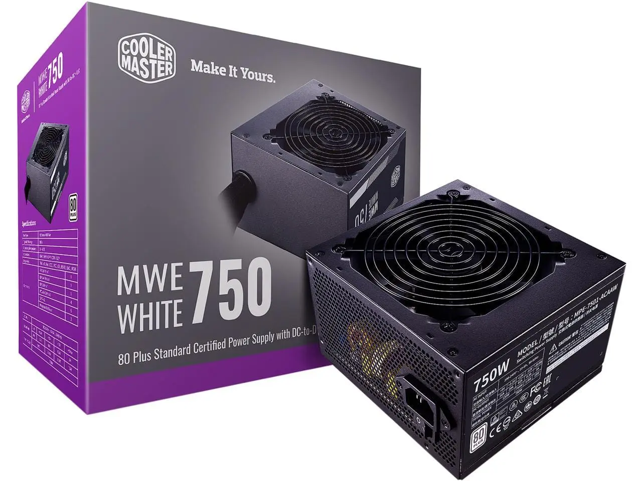 Cooler Master MWE White 750W power supply shown with packaging box and product unit display, featuring 80 Plus Standard certification and black casing with circular fan design