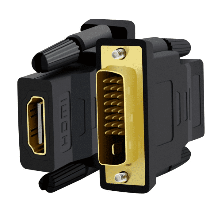 DVI-D naar HDMI adapter, voor- en achterkant met gouden DVI-D connector en zwarte HDMI poort, inclusief bijgeleverde adapters en kabels