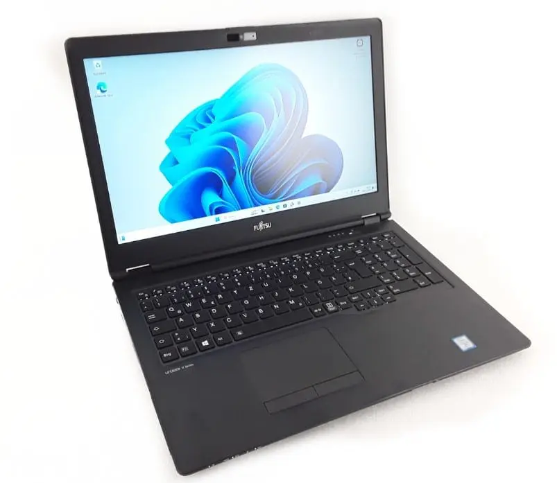 Fujitsu Lifebook U758 laptop front view showing 15.6" display with Windows 11 wallpaper, black keyboard, touchpad, and Intel Core i5-8250U processor, 8GB RAM, 256GB SSD
