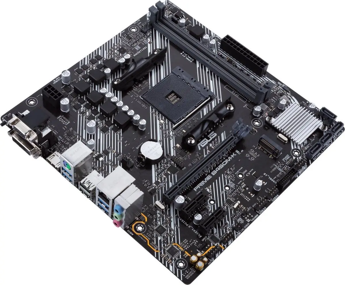 Asus Prime B450M-K II motherboard - top-down view showing CPU socket, RAM slots, PCIe slots, power connectors, and I/O ports