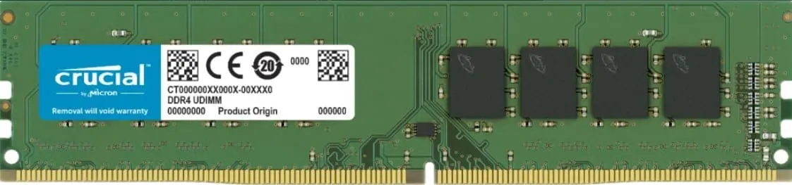 Crucial 8GB DDR4 3200Mhz UDIMM geheugenmodule, bovenaanzicht met zichtbare chipsets en gouden contactpinnen