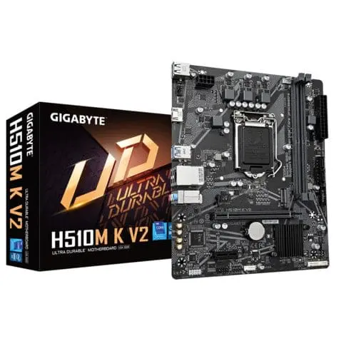 Gigabyte H510M K V2 motherboard with packaging box shown side by side, displaying the micro-ATX PCB and product branding