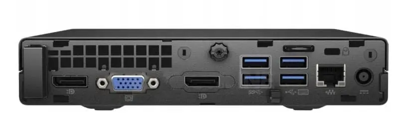 HP Prodesk 600 G2 Mini PC achterkant met poorten: DisplayPort, VGA, USB 3.0, SD-kaartlezer, RJ45 netwerk en stroomconnector
