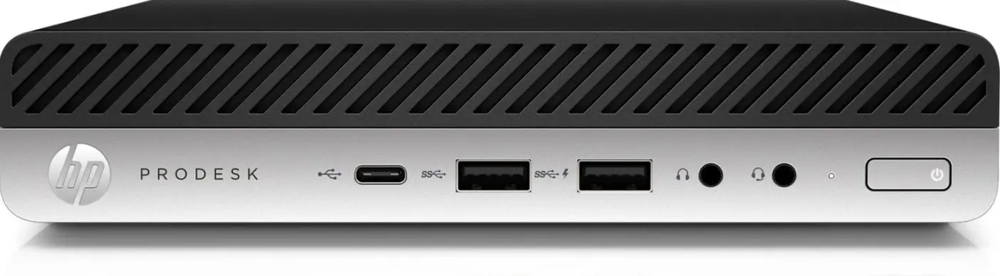 HP Prodesk 600 G3 Mini PC i5-6500T - 8GB - 128GB SSD - Windows 11, voorkant met USB-C poort, USB 3.0 poorten, audio-aansluitingen en aan/uit knop