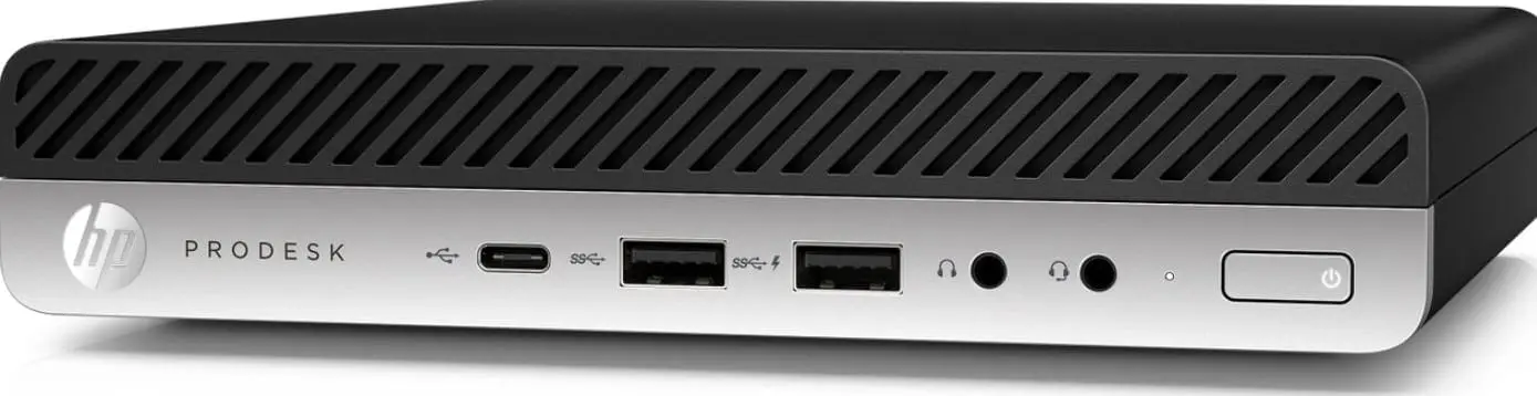 HP Prodesk 600 G3 Mini PC i5-6500T - 8GB - 128GB SSD - Windows 11, voorkant met USB-poorten, audiojacks en aan/uit-knop