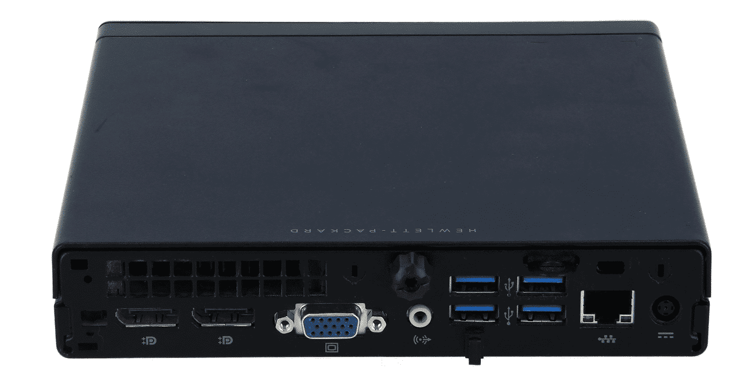 HP EliteDesk 800 G1 DM i5-4590T - 8GB - 128GB SSD - Windows 10, achterkant met USB 3.0-poorten, VGA-aansluiting, DisplayPort-poorten en audio-aansluiting