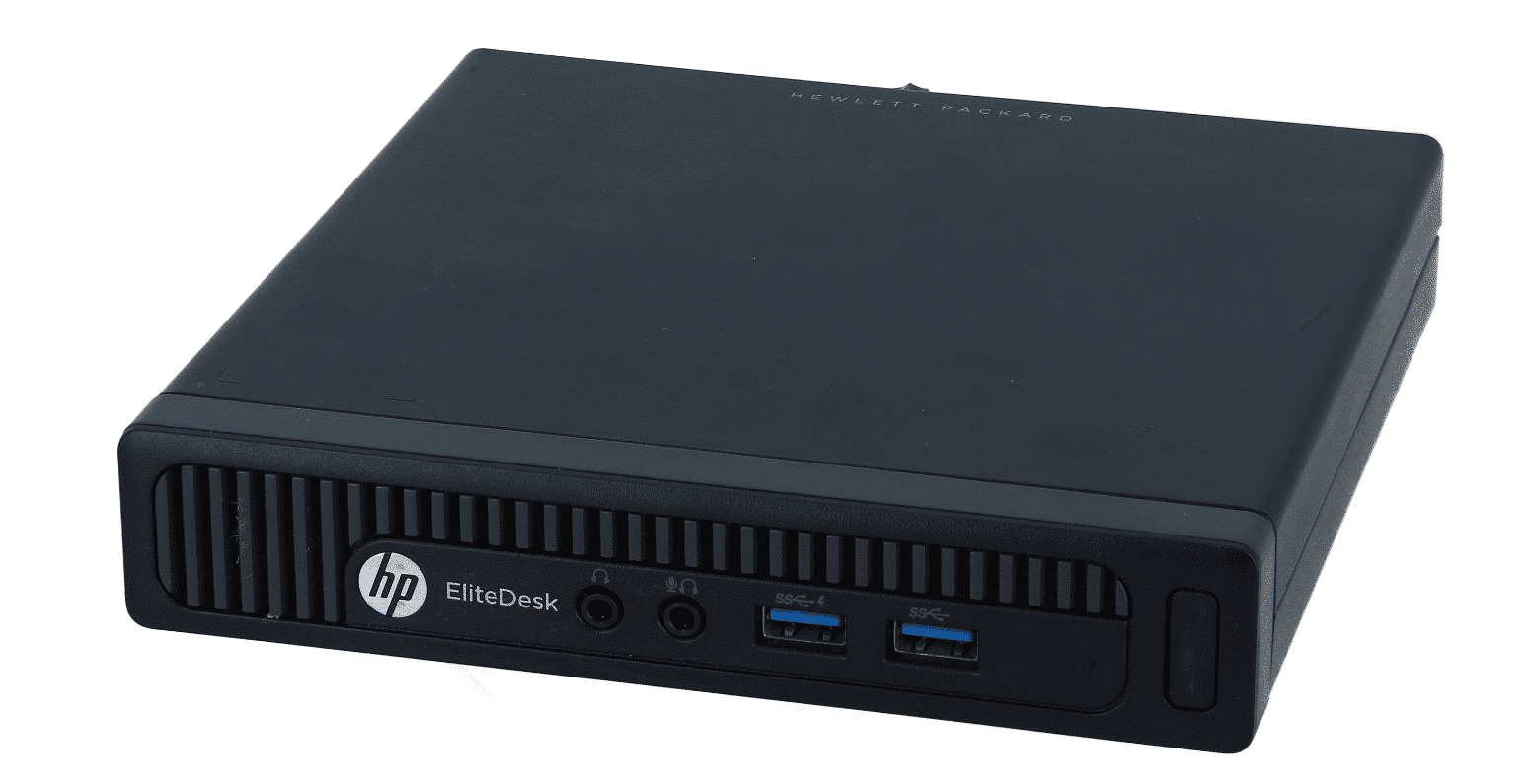 HP EliteDesk 800 G1 DM i5-4590T - 8GB - 128GB SSD - Windows 10, voorkant met USB 3.0-poorten en audio-aansluiting zichtbaar