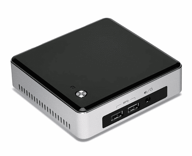 Intel NUC NUC5i3RYK i3-5010U - 120GB SSD - 8GB - Wifi - Windows 11, vooraanzicht met zichtbare USB-poorten en power-knop