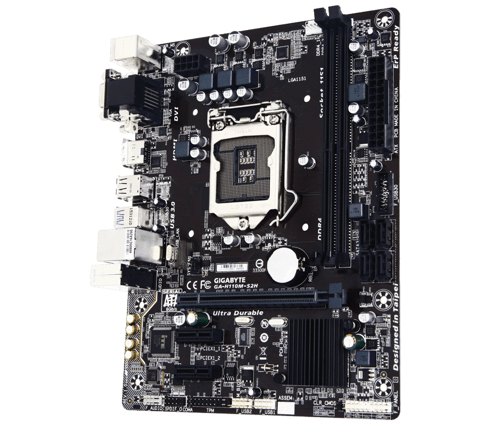 Gigabyte GA-H110M-S2H LGA1151 motherboard, front view showing CPU socket, RAM slots, power connectors, and I/O ports