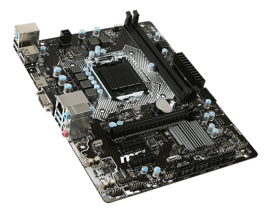 MSI H110M Pro VH LGA1151 Motherboard top angled view showing CPU socket, RAM slots, power connectors, and integrated heatsinks