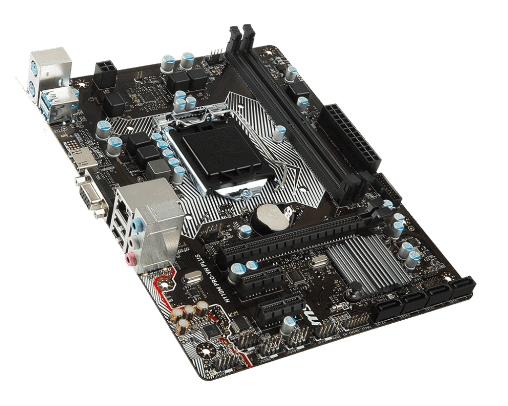 MSI H110M Pro VH Plus LGA1151 Motherboard top view showing CPU socket, RAM slots, power connectors, and heatsinks
