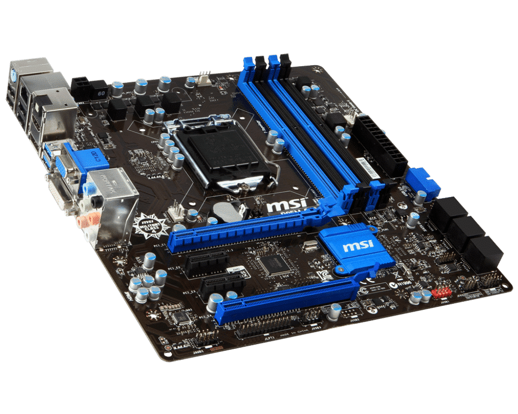 MSI B85M-G43 LGA1150 Motherboard angled top view showing black PCB with blue RAM slots and heatsinks, CPU socket, capacitors, and I/O ports on left side
