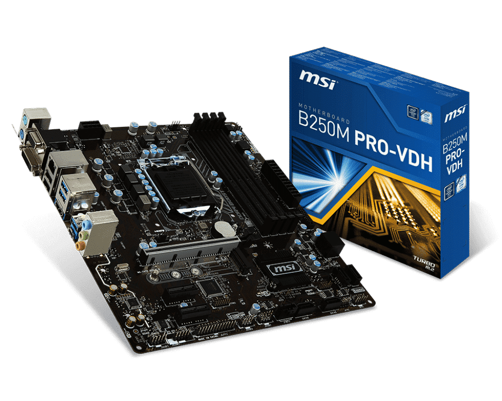 MSI B250M PRO-VDH Retail Socket 1151 moederbord - productfoto met moederbord vooraanzicht en verpakking