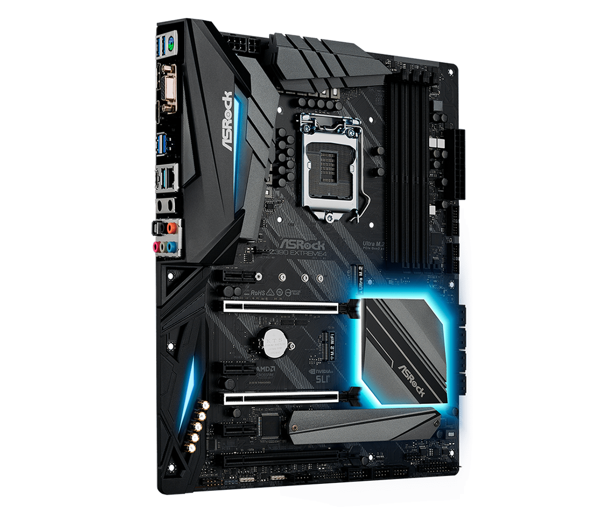 ASRock Z390 Extreme4 Socket 1151 moederbord, front view met blauwe RGB-verlichting, CPU-socket en RAM-sloten zichtbaar