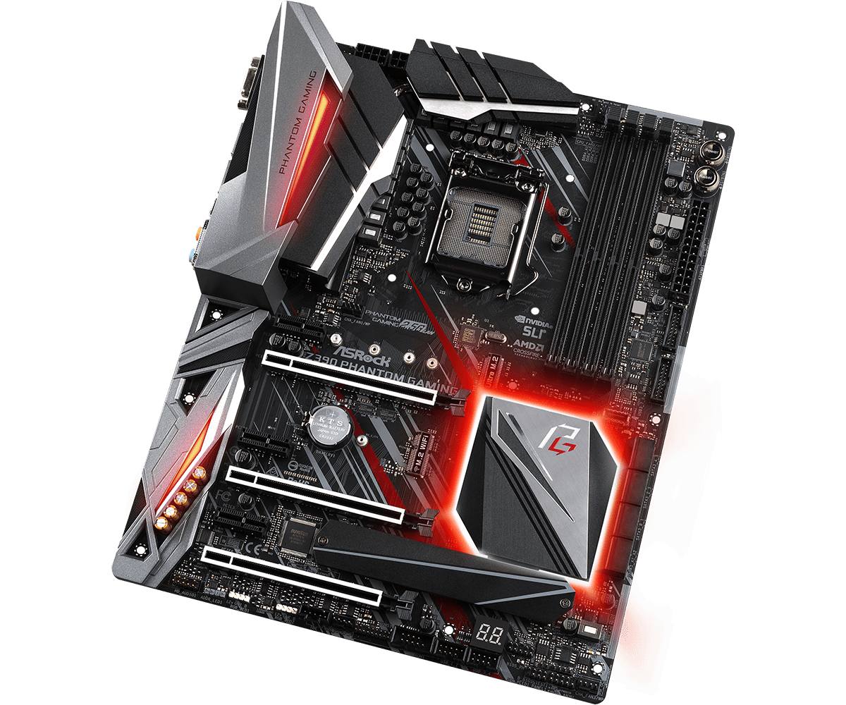ASRock Z390 Phantom Gaming 6 LGA1151 Motherboard angled top-down view showing the full board layout with illuminated red LED accents, heatsinks, RAM slots, and CPU socket