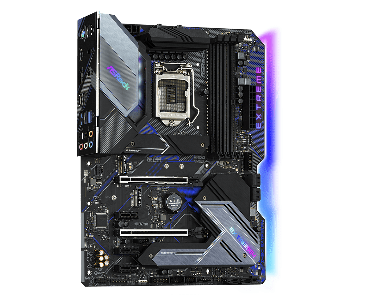 Asrock Z490 Extreme4 Socket 1200 motherboard front view showing CPU socket, RAM slots, PCIe slots, power connectors, and blue LED lighting accents