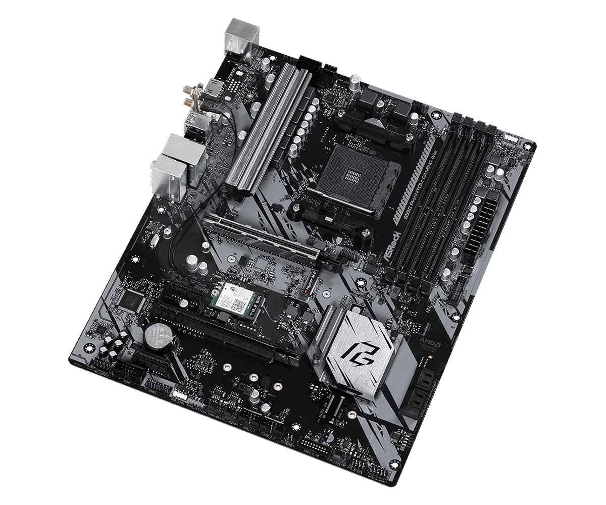Asrock B550 Phantom Gaming 4/ac AM4 motherboard top-down view showing CPU socket, heatsinks, RAM slots, and PCIe slots on black PCB