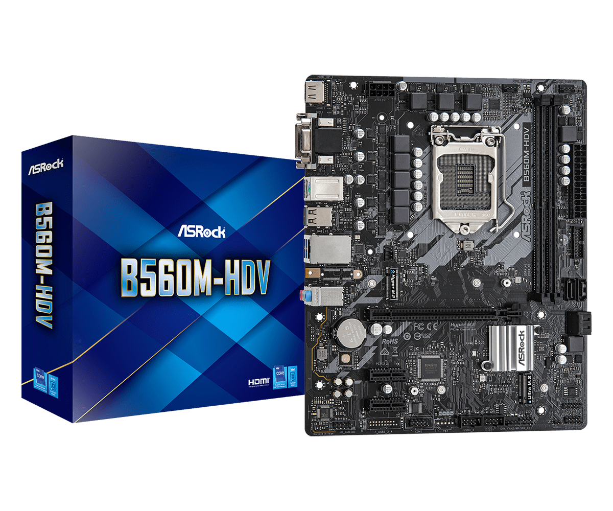 Asrock B560M-HDV Retail LGA1200 - productverpakking en moederbord bovenaanzicht met CPU-socket en connectoren zichtbaar