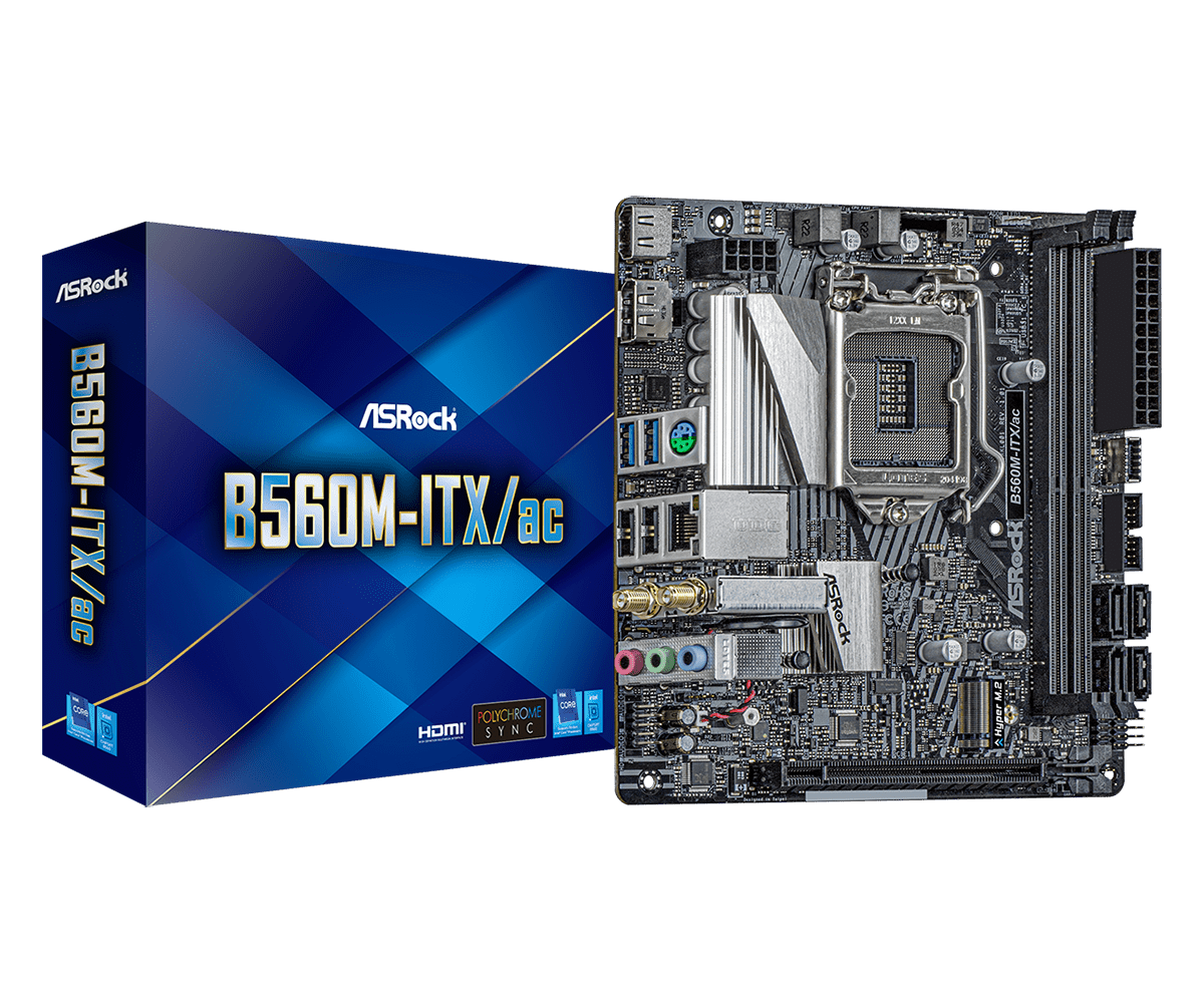 ASRock B560M-ITX/ac LGA1200 Retail - Retailverpakking en moederbord bovenaanzicht met CPU-socket, RAM-slots en uitbreidingskaarten