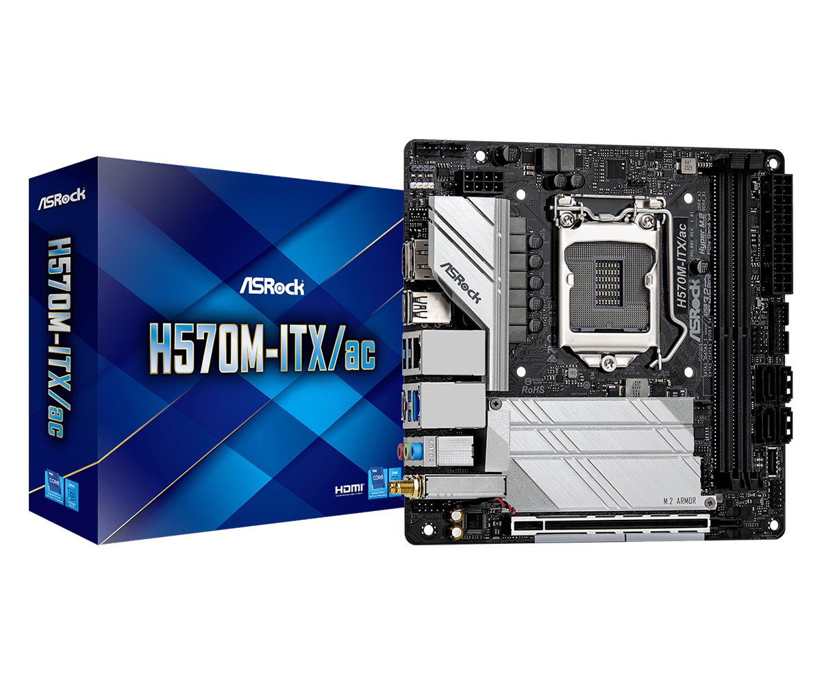 ASRock H570M-ITX/ac Socket 1200 Retail - productafbeelding met verpakking en moederbord bovenaanzicht