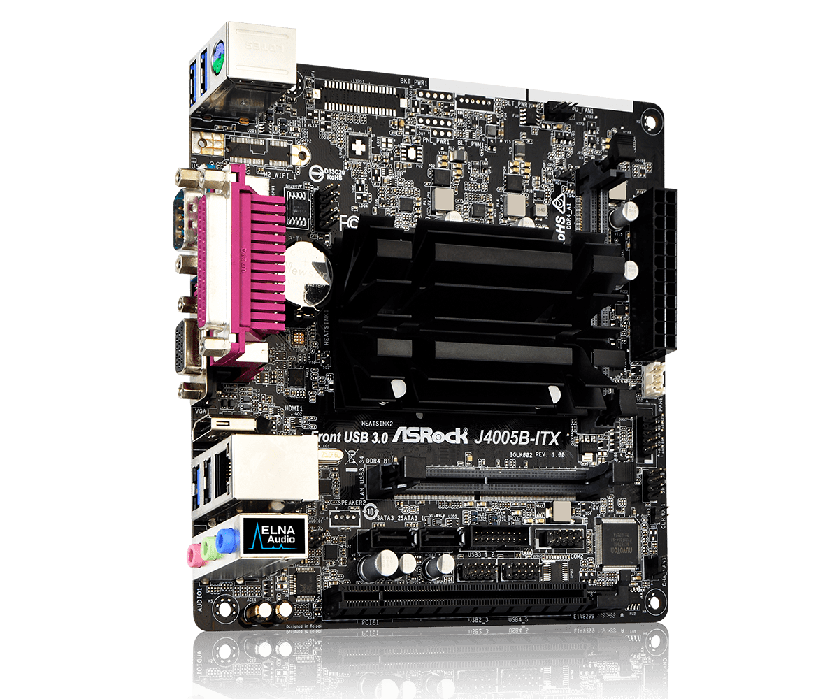 ASRock J4005B-ITX Moederbord - bovenaanzicht met zichtbare componenten inclusief RAM-sleuf, CPU-koeler, USB 3.0-headers, SATA-aansluitingen en ELNA Audio-chipset
