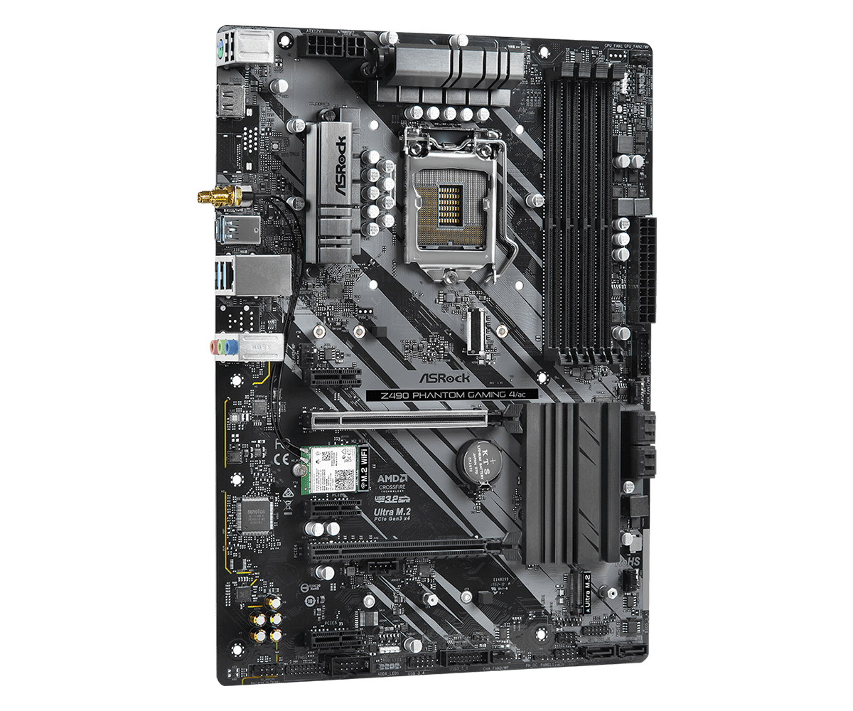 ASRock Z490 Phantom Gaming 4/AC Socket 1200 moederbord bovenaanzicht met CPU-socket, RAM-slots, M.2-aansluiting en voedingscomponenten