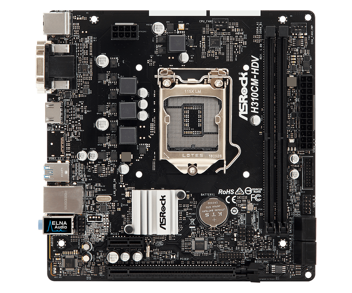 ASRock H310CM-HDV socket 1151 moederbord bovenaanzicht met CPU-socket, RAM-slots, chipset en voedingscomponenten