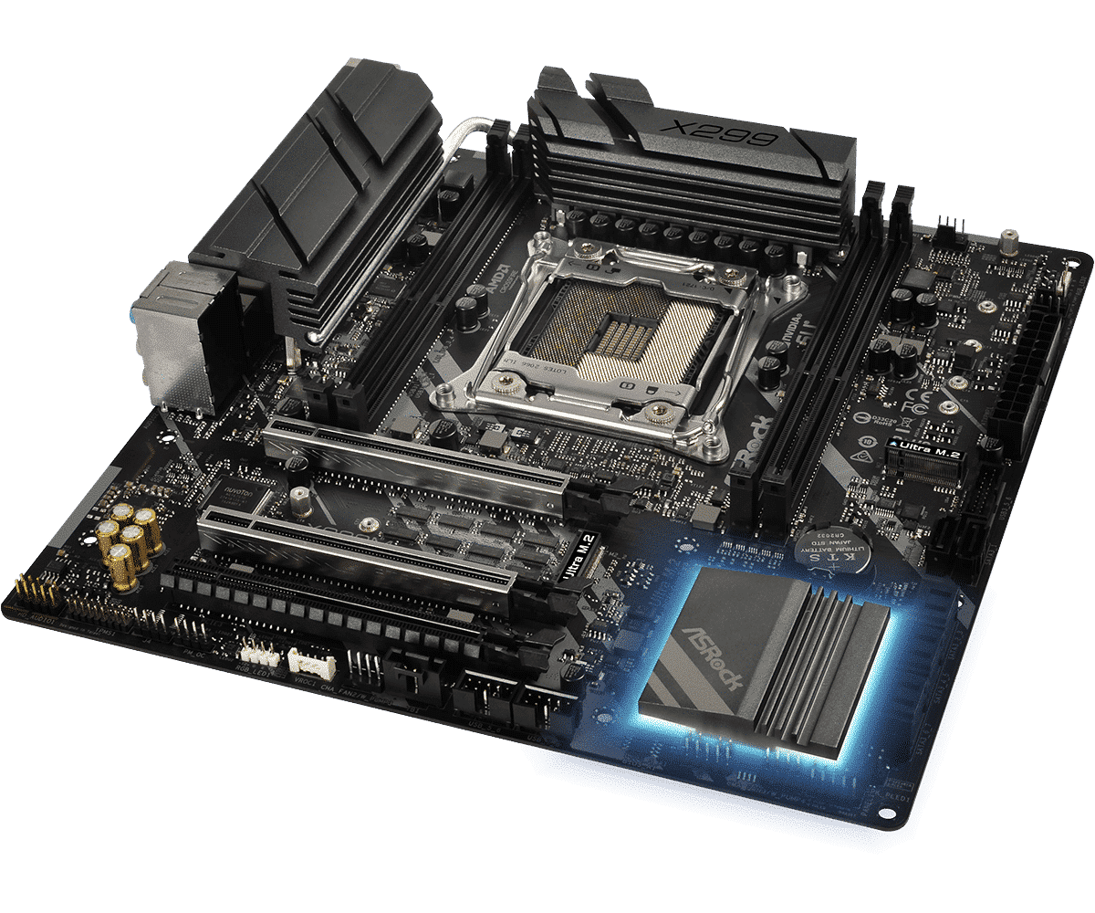 ASRock X299M Extreme4 moederbord bovenaanzicht met CPU-socket, RAM-slots, uitbreidingsslots en geïntegreerde chipset zichtbaar
