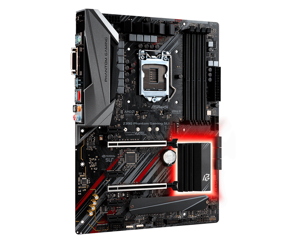 ASRock Z390 Phantom Gaming SLI LGA1151 Motherboard - front view showing CPU socket, RAM slots, PCIe slots, and red LED accents