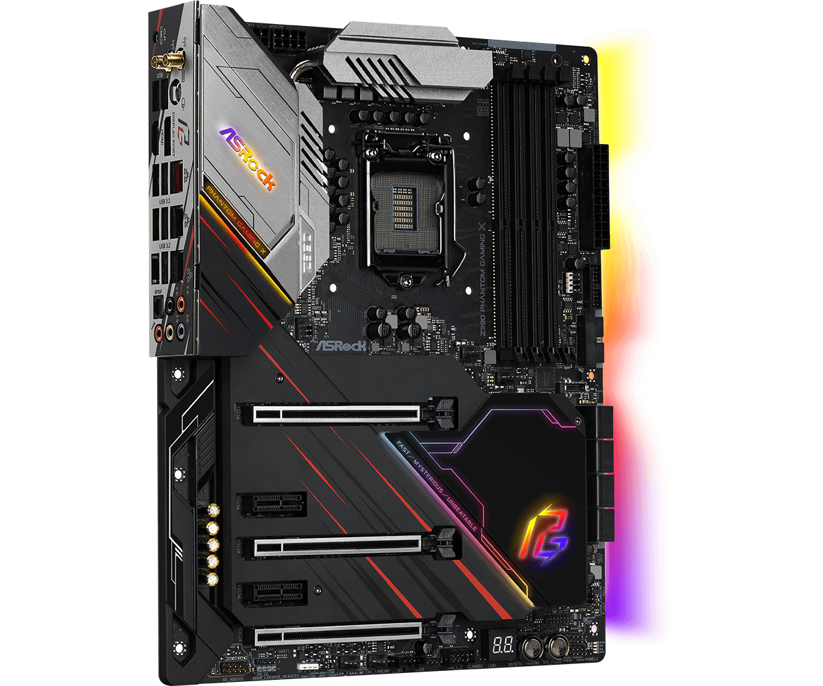 ASRock Z390 Phantom Gaming X LGA1151 Motherboard - front view showing CPU socket, RAM slots, PCIe slots, and RGB lighting elements in black with red and orange accent lines
