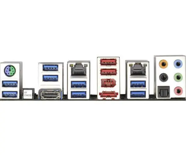 Asrock Z77 WS Moederbord - achterkant I/O-paneel met diverse aansluitingen waaronder USB-poorten, audio-ingangen, netwerkpoort enDisplayPort-aansluitingen