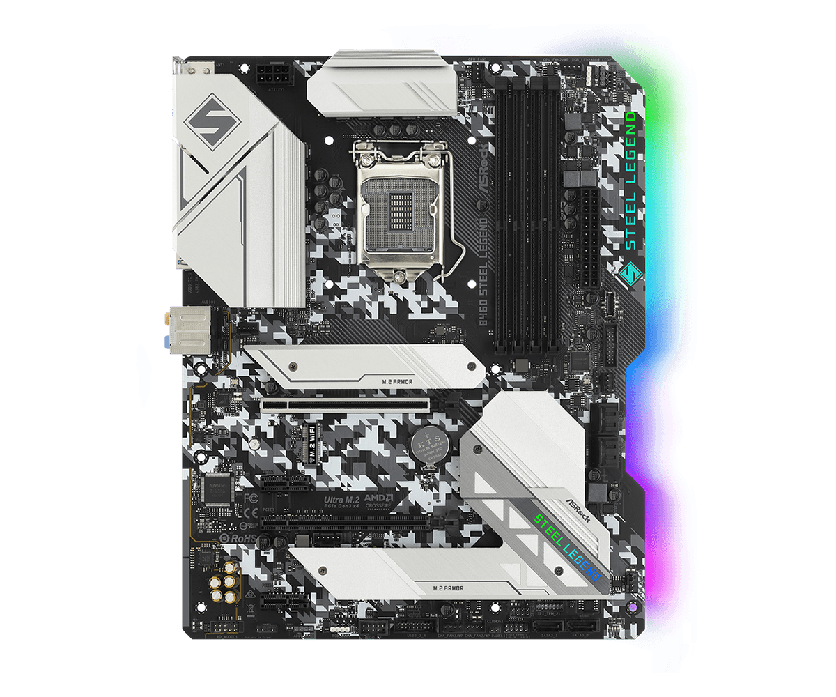 Asrock B460 Steel Legend socket 1200 moederbord bovenaanzicht met zwart-wit camouflagepatroon design, LGA1200 CPU-socket, M.2 ARMOR slots en RGB-verlichting accenten